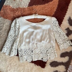 Vintage Cropped Line & Dot Silk & Lace beaded blouse